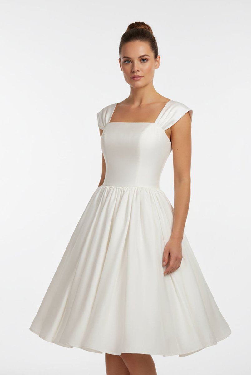 Straps Sleeveless Lace - Up Back Tea - Length Satin Wedding Dress - KissProm