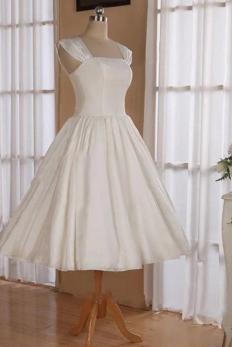 Straps Sleeveless Lace - Up Back Tea - Length Satin Wedding Dress - KissProm