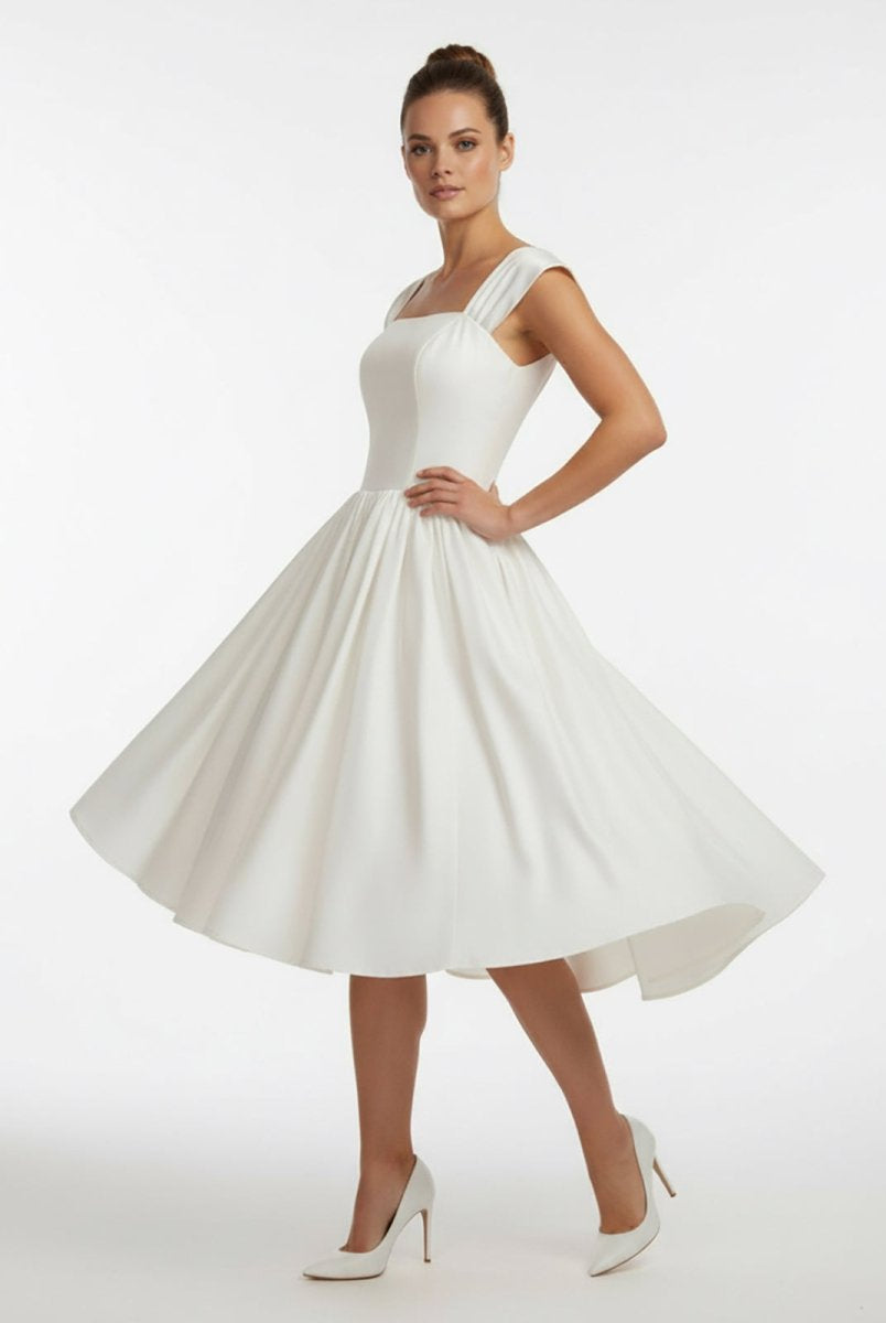 Straps Sleeveless Lace - Up Back Tea - Length Satin Wedding Dress - KissProm