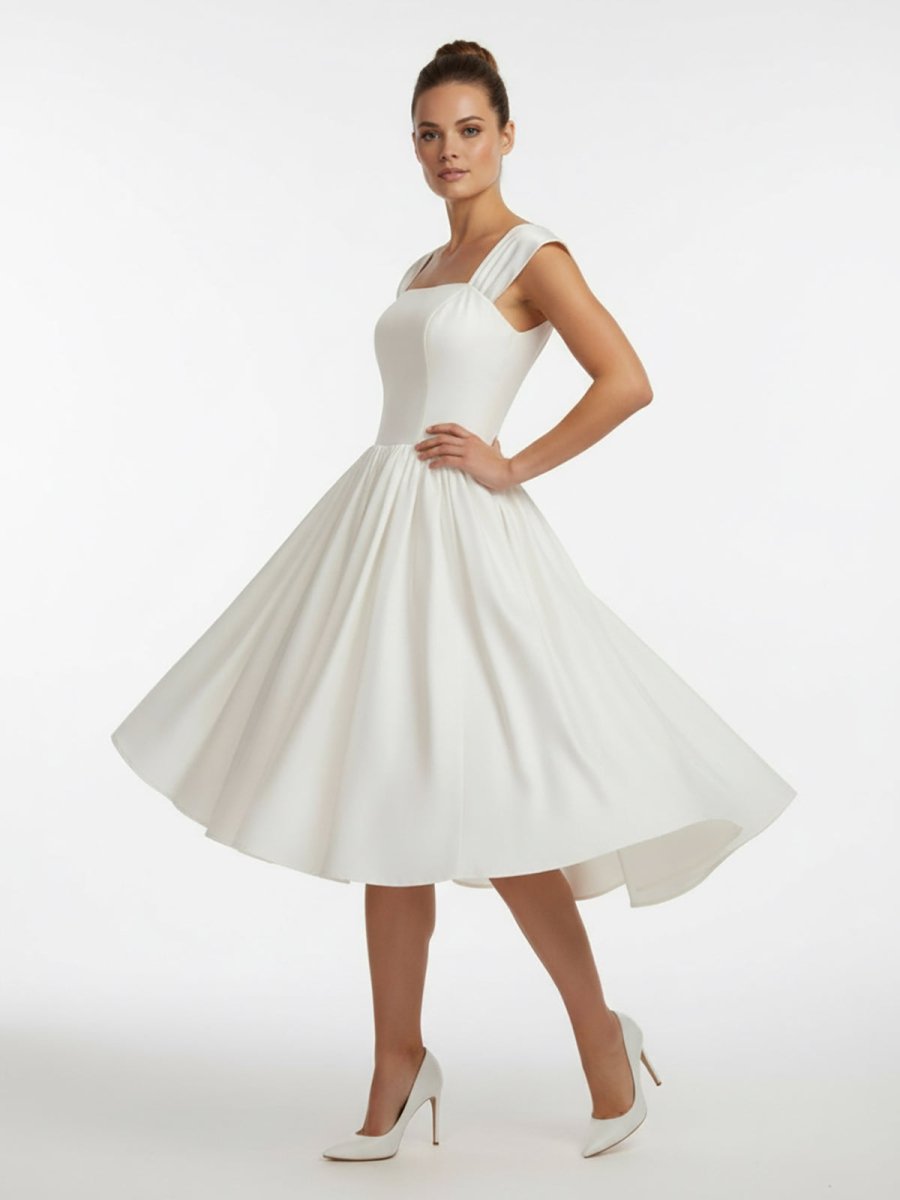 Straps Sleeveless Lace - Up Back Tea - Length Satin Wedding Dress - KissProm