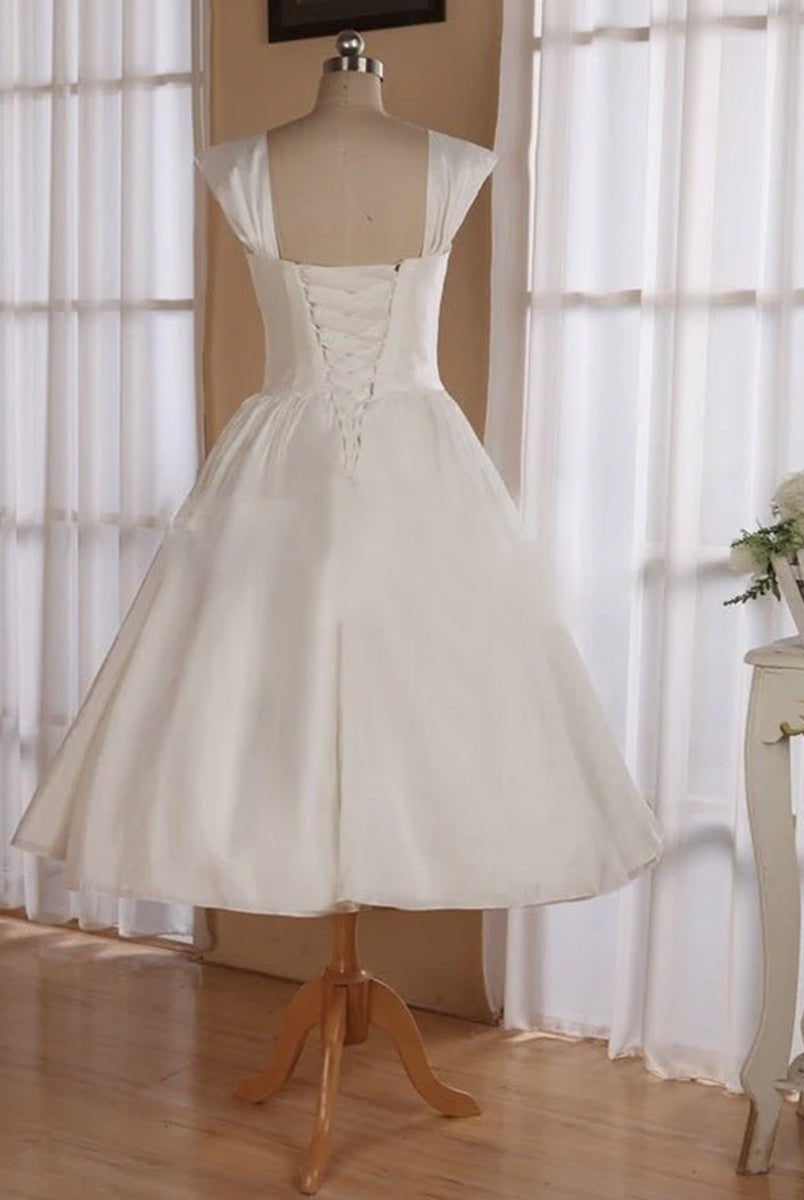 Straps Sleeveless Lace - Up Back Tea - Length Satin Wedding Dress - KissProm