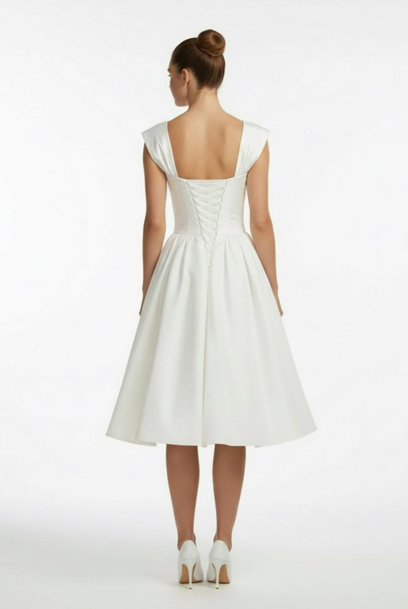 Straps Sleeveless Lace - Up Back Tea - Length Satin Wedding Dress - KissProm