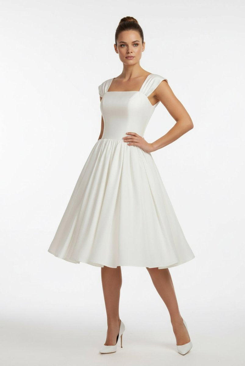 Straps Sleeveless Lace - Up Back Tea - Length Satin Wedding Dress - KissProm