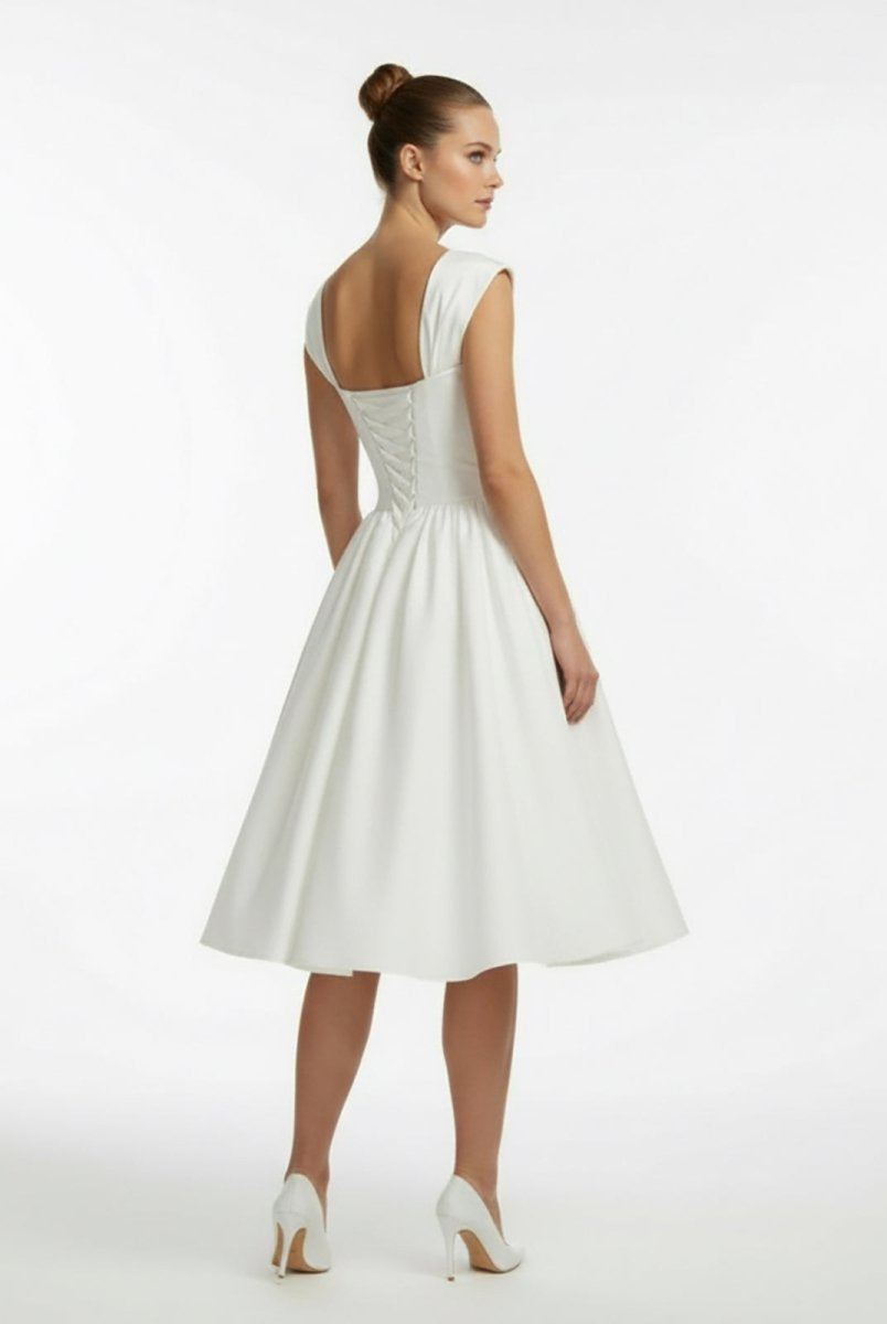 Straps Sleeveless Lace - Up Back Tea - Length Satin Wedding Dress - KissProm