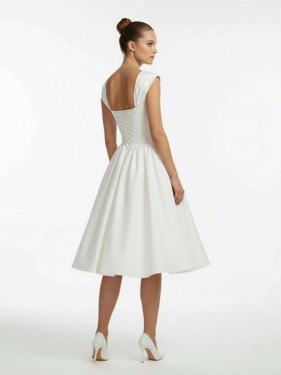 Straps Sleeveless Lace - Up Back Tea - Length Satin Wedding Dress - KissProm