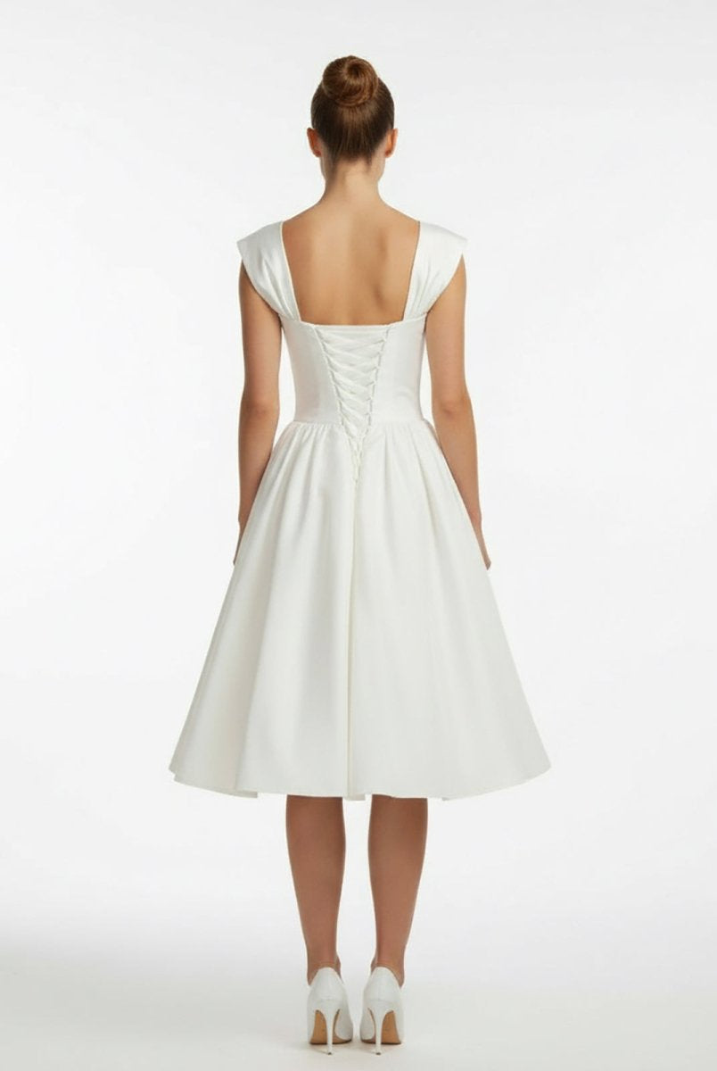 Straps Sleeveless Lace - Up Back Tea - Length Satin Wedding Dress - KissProm