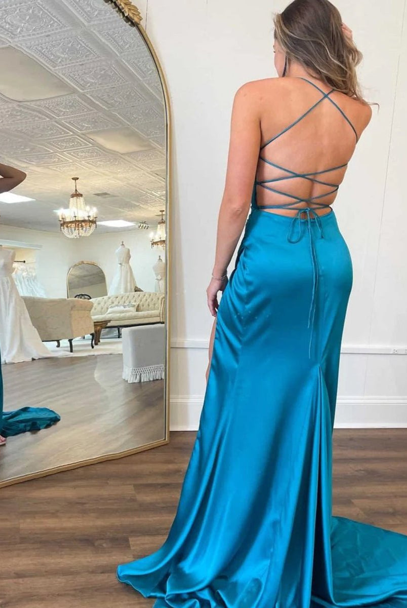 Xyla | Straps Teal V - Neck Ruched Long Prom Dress - KissProm