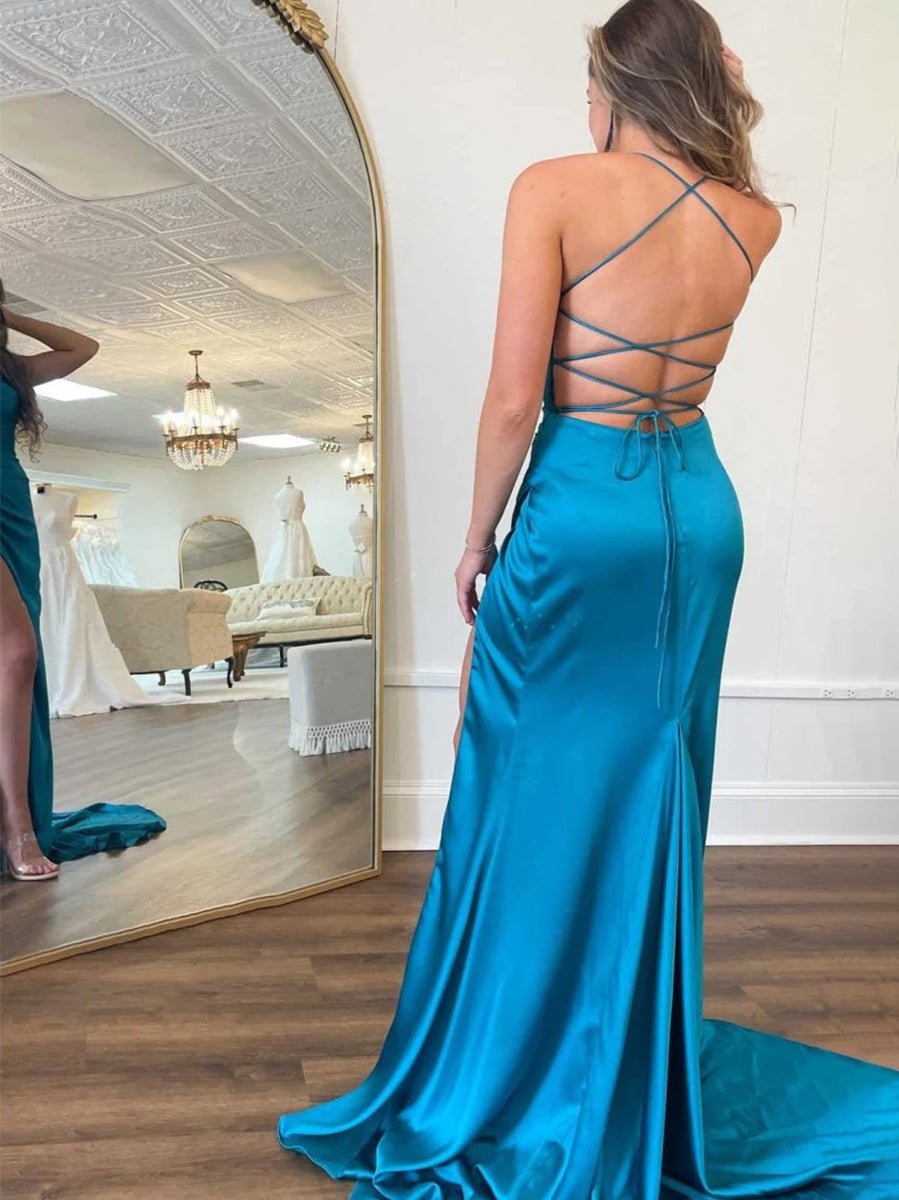 Xyla | Straps Teal V - Neck Ruched Long Prom Dress - KissProm