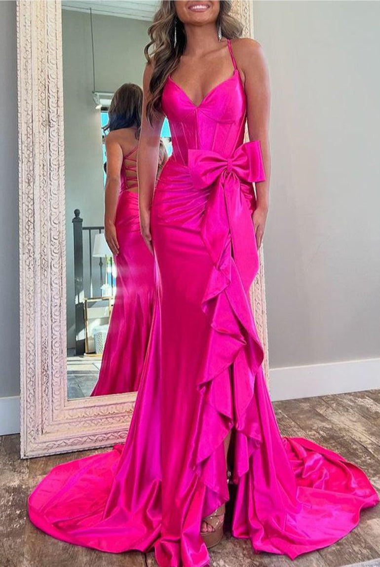 KissProm-Jianna Fuchsia Straps V-Neck Satin Mermaid Prom Dress With Bow