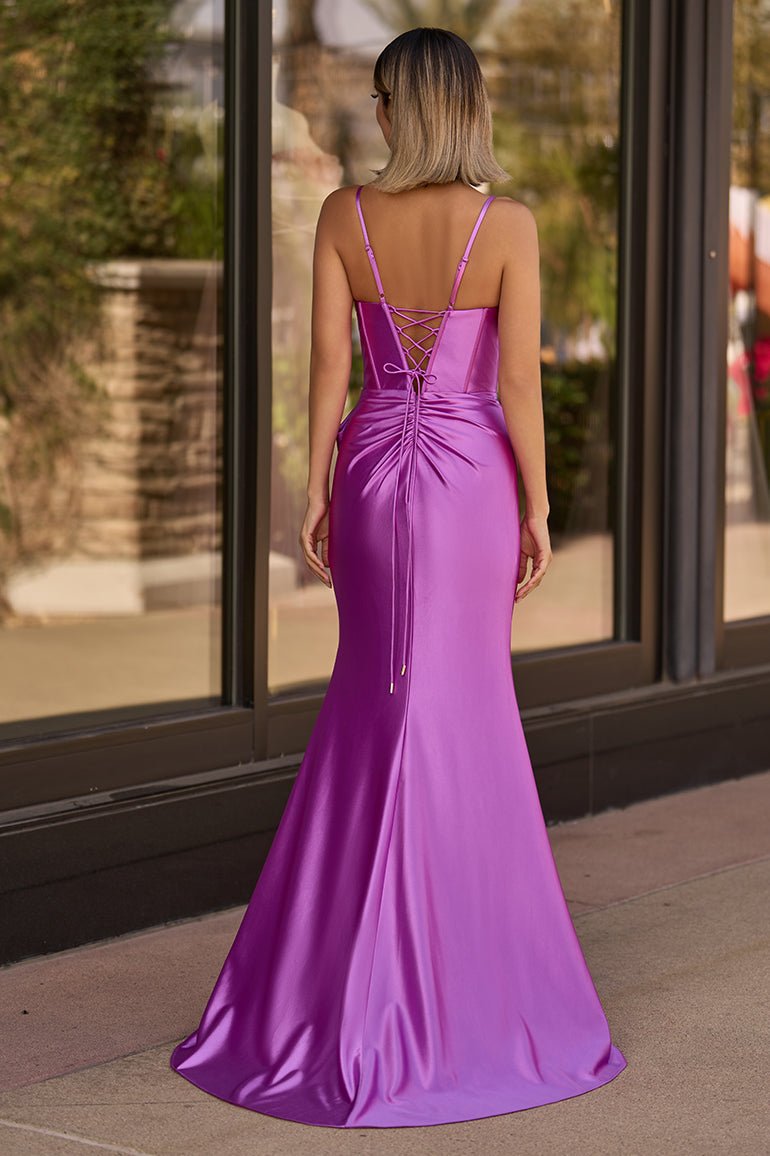 KissProm-Jianna Purple Straps V-Neck Satin Mermaid Prom Dress With Bow