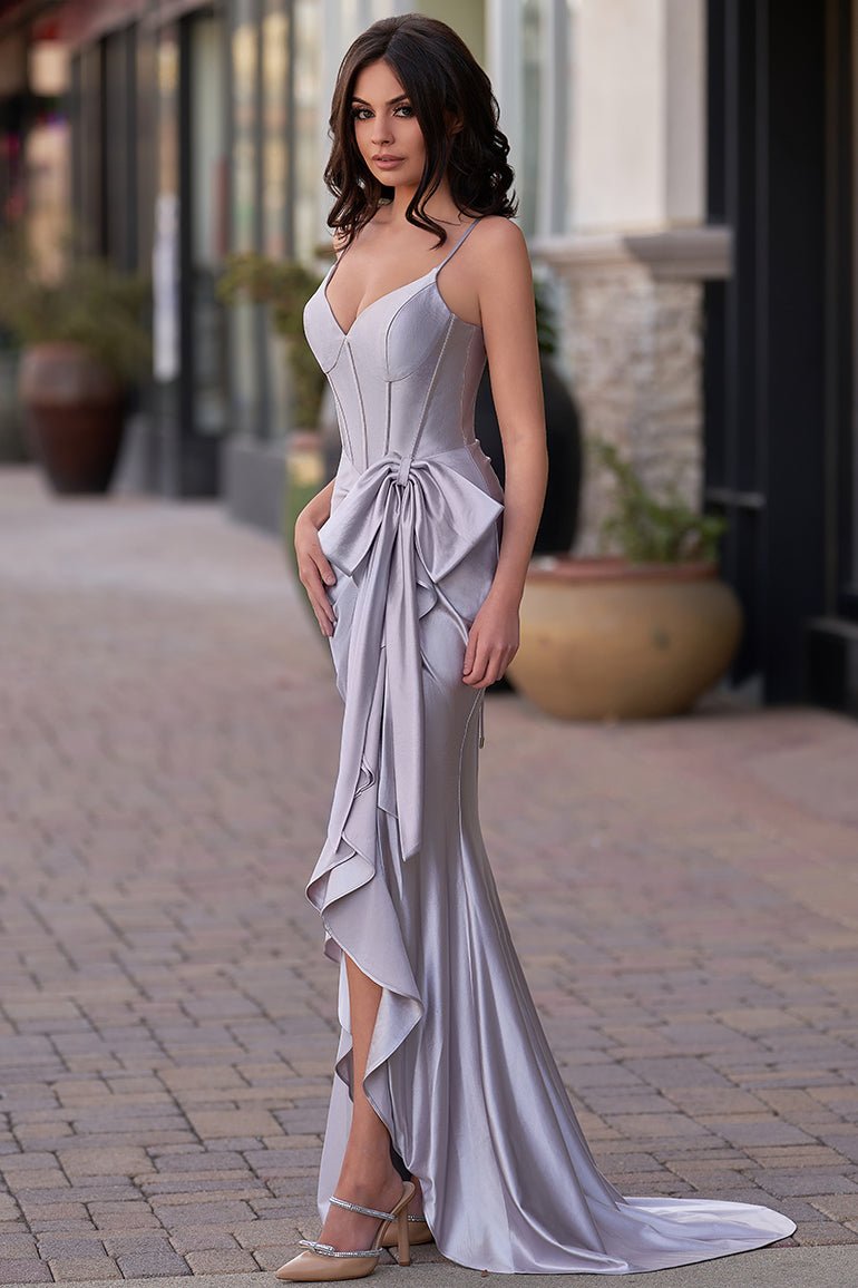 KissProm-Jianna Sliver Straps V-Neck Satin Mermaid Prom Dress With Bow