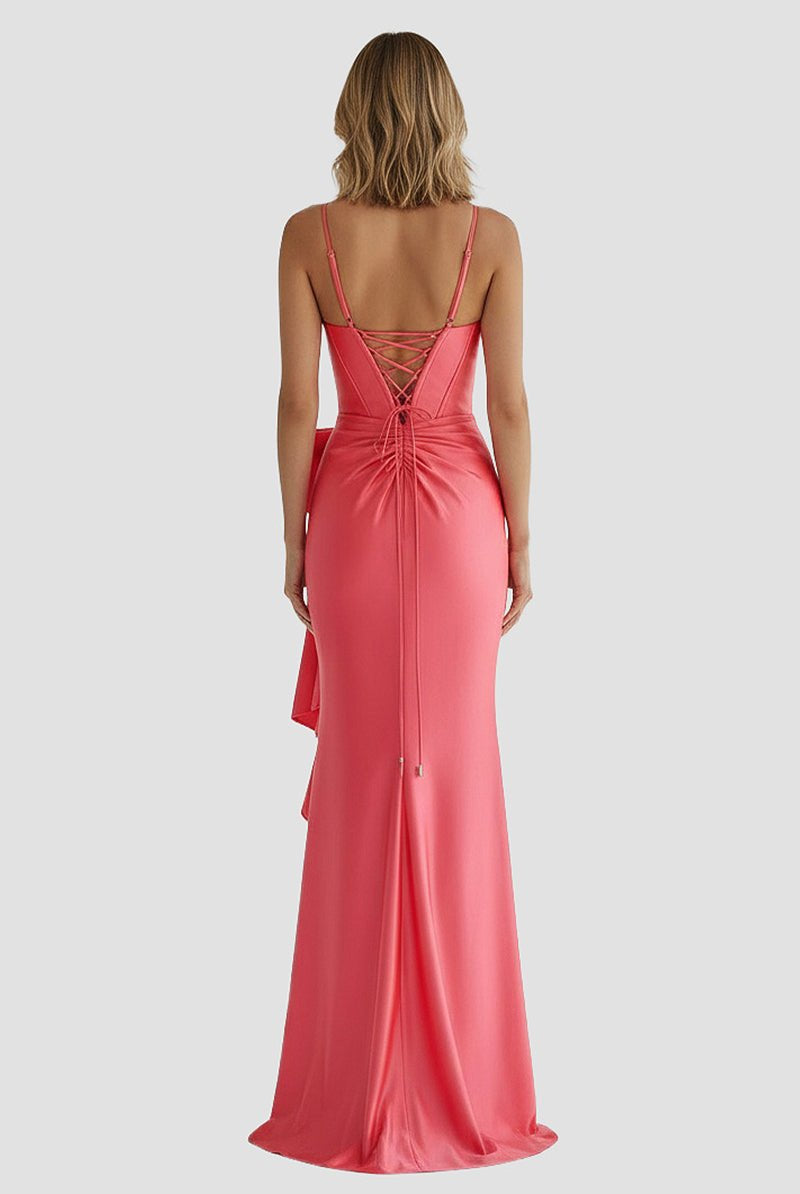 KissProm-Jianna Candy Pink Straps V-Neck Satin Mermaid Prom Dress With Bow