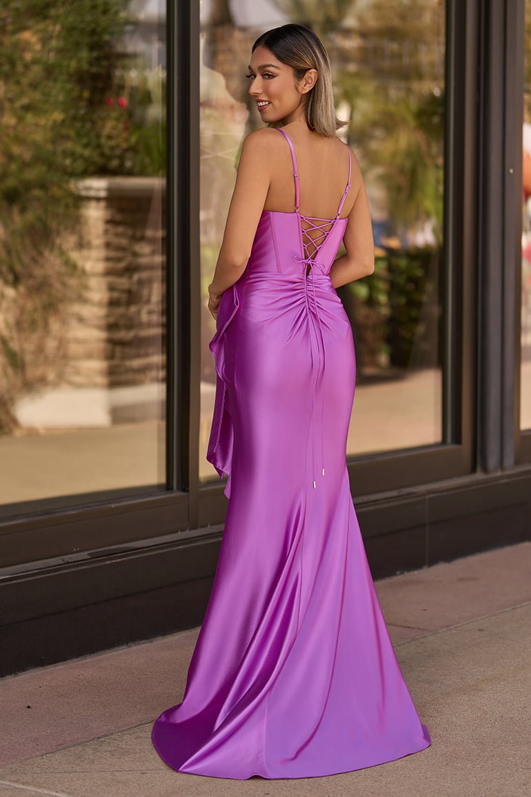 KissProm-Jianna Purple Straps V-Neck Satin Mermaid Prom Dress With Bow