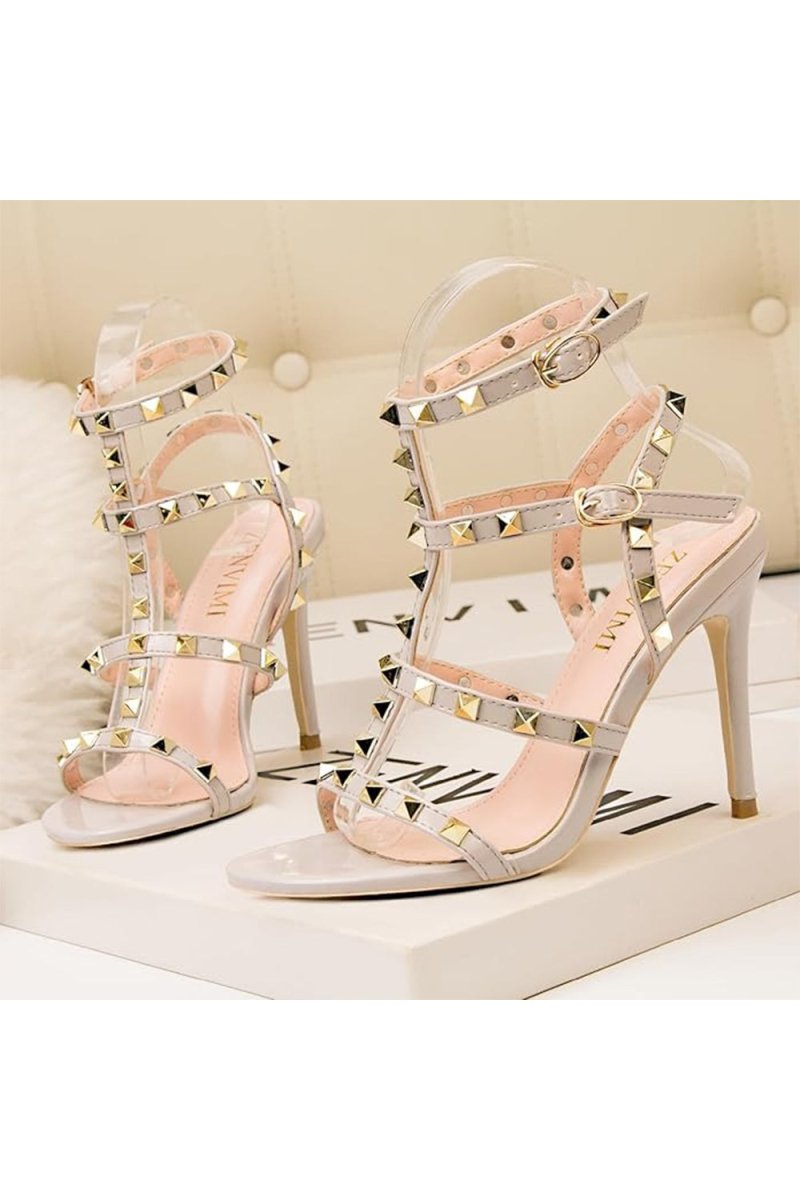 Studded Strappy Leather Open Toe High Heels - KissProm