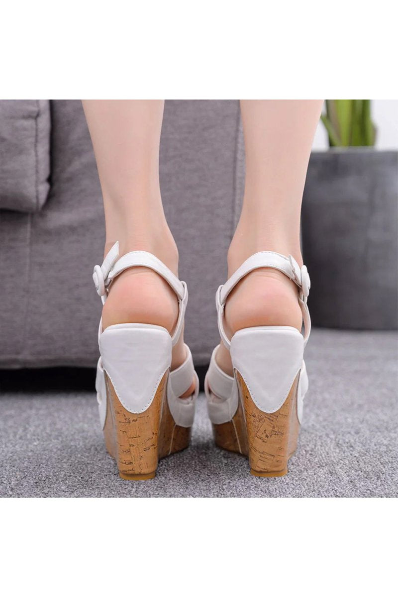 Suede Wood Grain Peep Toe Platform Wedges Sandals - KissProm