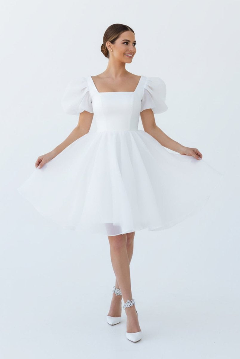 Yuna | A - Line Square - Neck Short Wedding Dress With Puffy Pearls Sleeves - KissProm