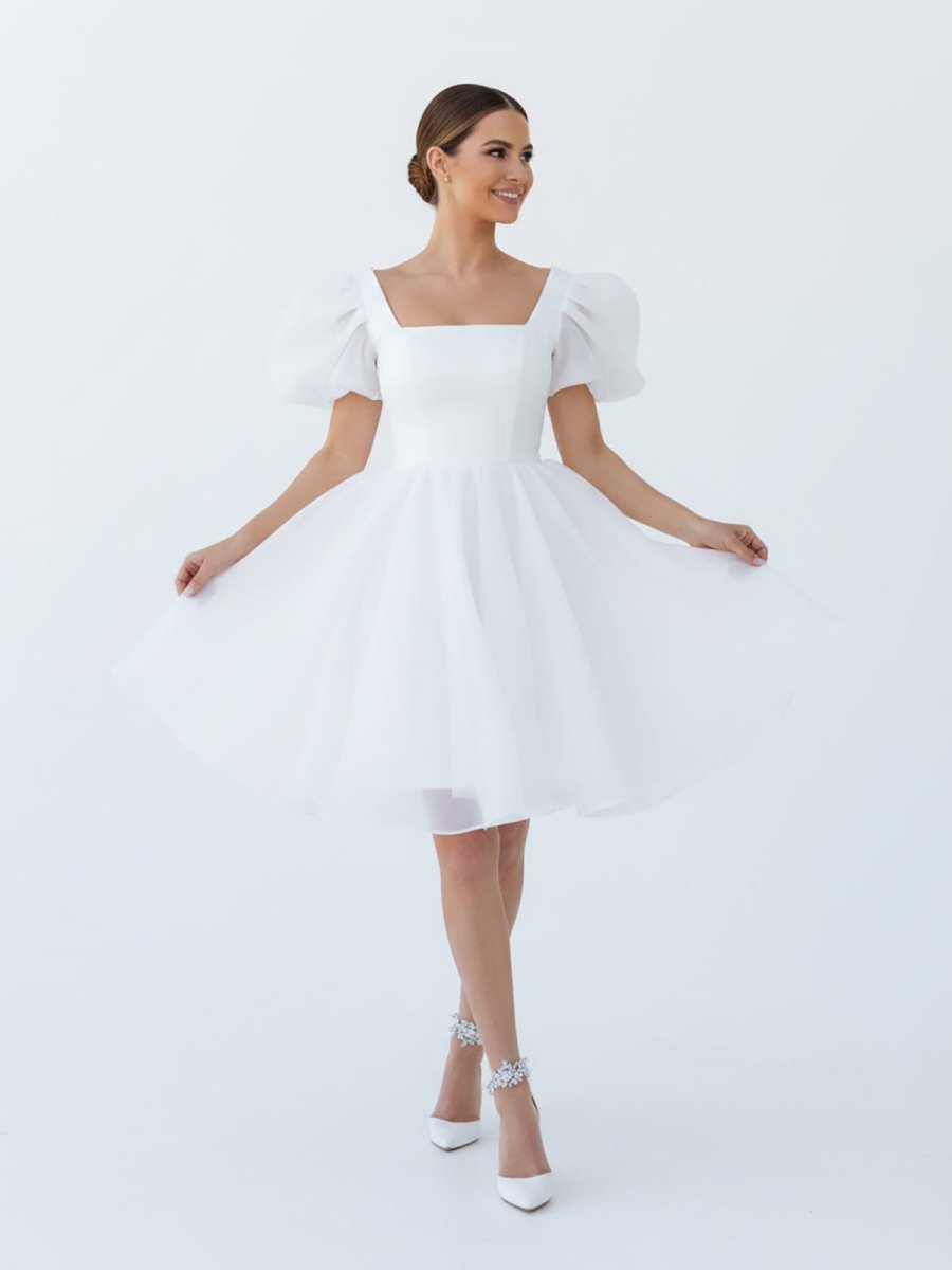 Yuna | A - Line Square - Neck Short Wedding Dress With Puffy Pearls Sleeves - KissProm