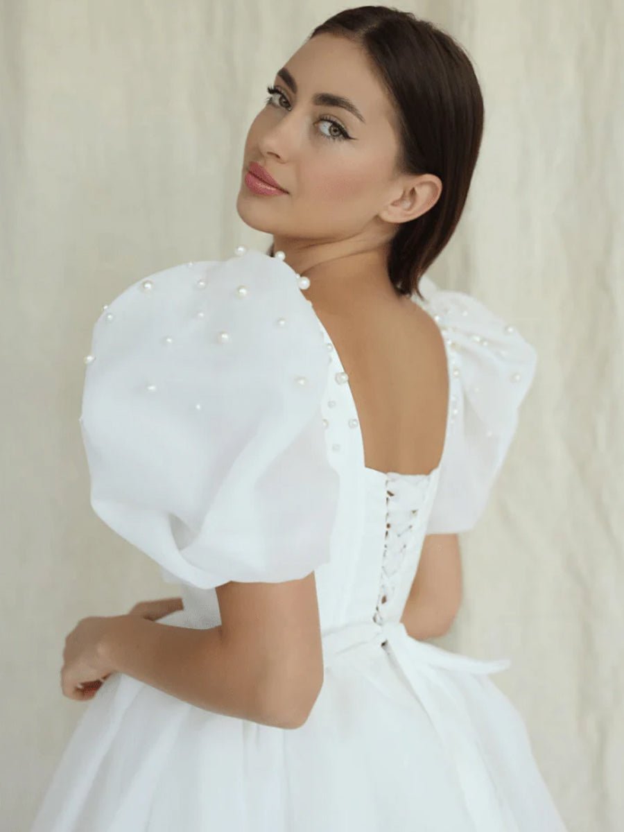 Yuna | A - Line Square - Neck Short Wedding Dress With Puffy Pearls Sleeves - KissProm