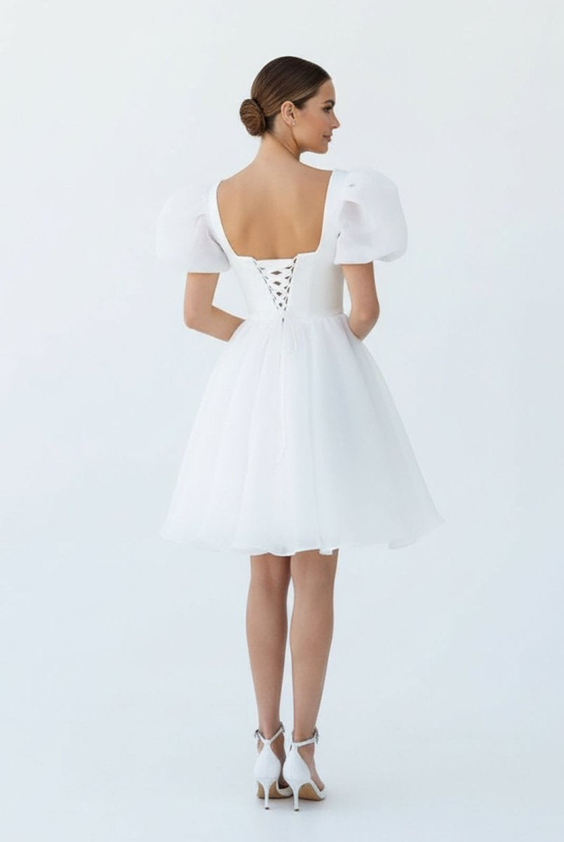 Yuna | A - Line Square - Neck Short Wedding Dress With Puffy Pearls Sleeves - KissProm