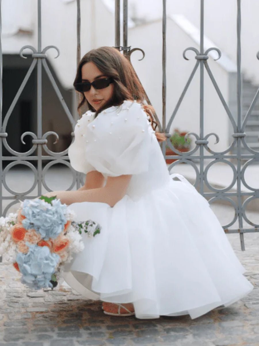 Yuna | A - Line Square - Neck Short Wedding Dress With Puffy Pearls Sleeves - KissProm