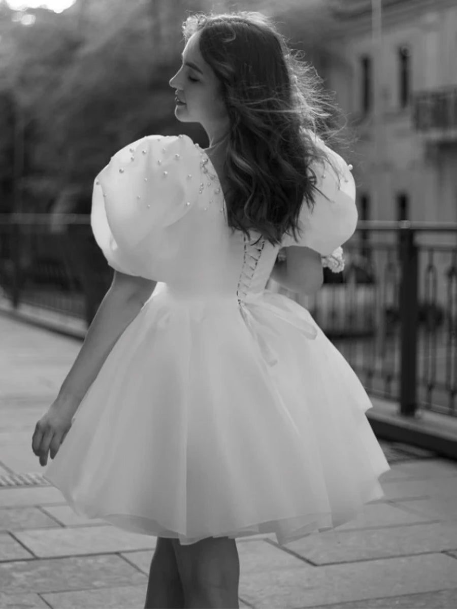 Yuna | A - Line Square - Neck Short Wedding Dress With Puffy Pearls Sleeves - KissProm