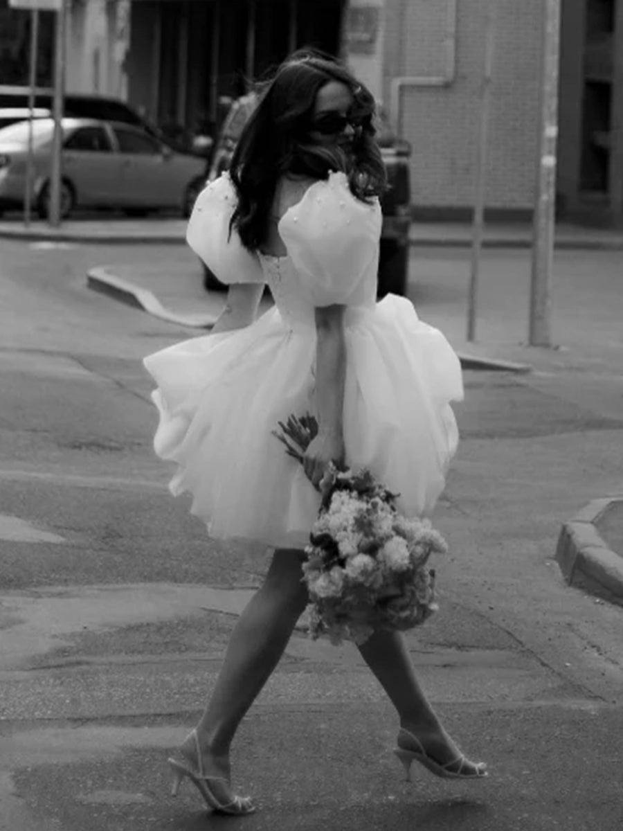 Yuna | A - Line Square - Neck Short Wedding Dress With Puffy Pearls Sleeves - KissProm