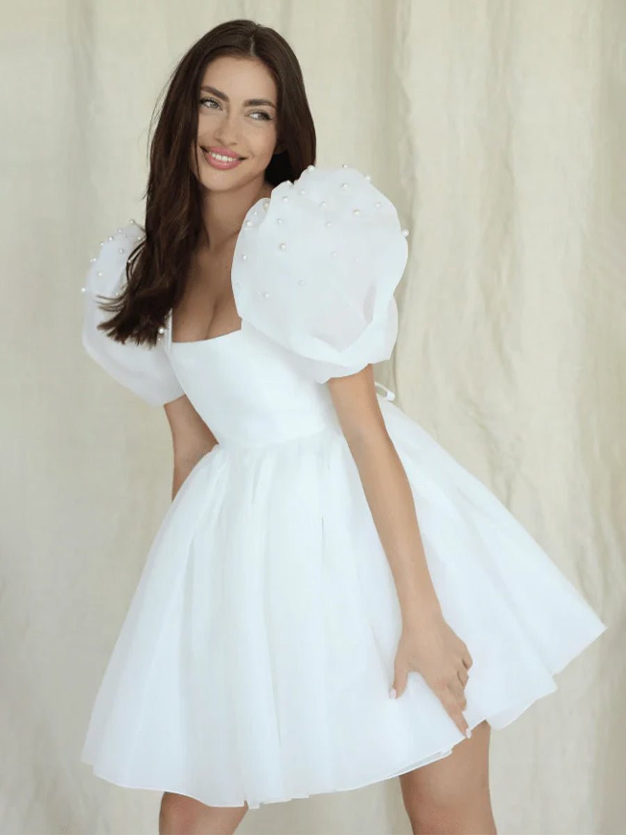 Yuna | A - Line Square - Neck Short Wedding Dress With Puffy Pearls Sleeves - KissProm