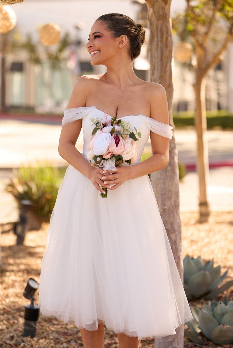 Sweet A-Line Off-The-Shoulder Little White Tulle Wedding Dresses