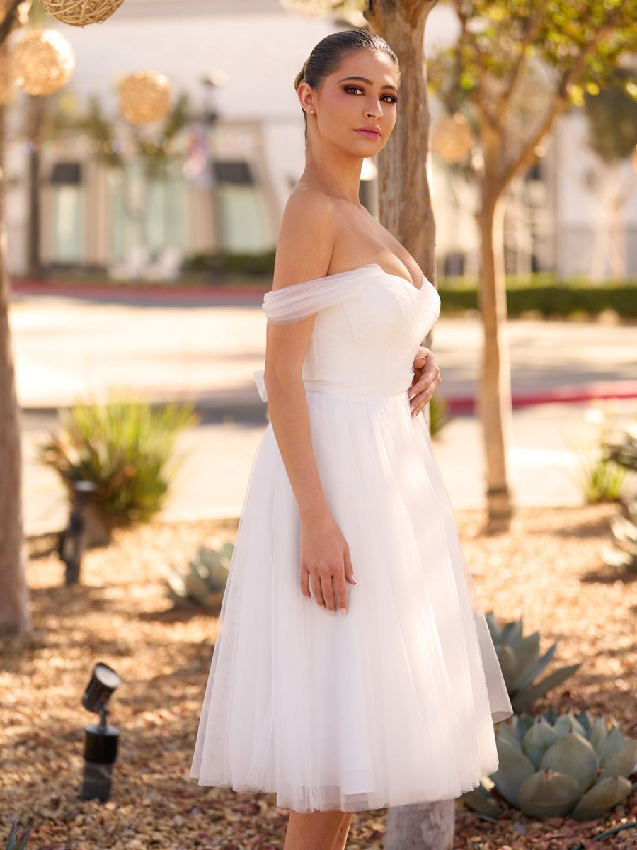 Sweet A-Line Off-The-Shoulder Little White Tulle Wedding Dresses