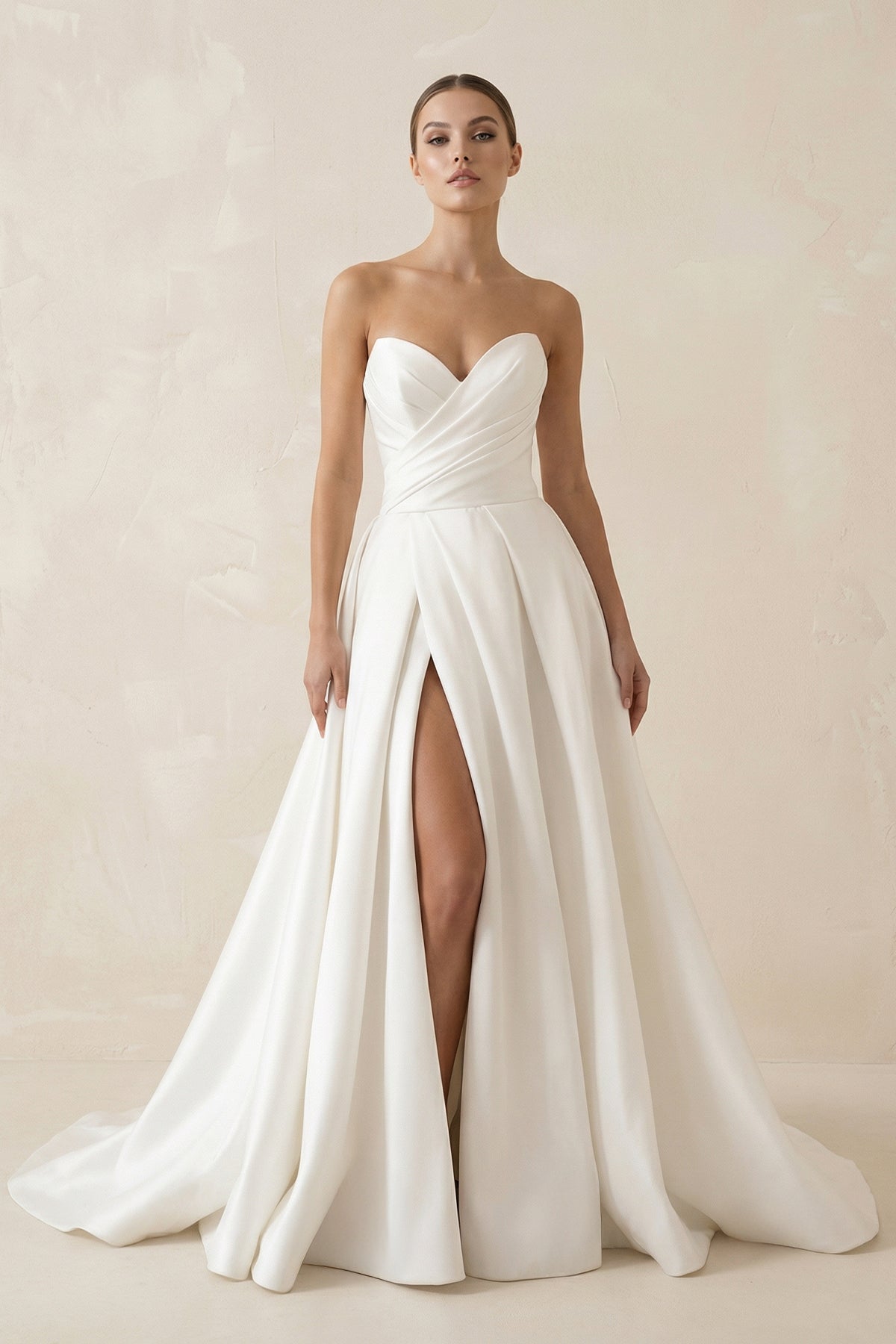 White Satin Long A-Line Wedding Dress with Slit, Diamond White / 16 White Satin Long A-Line Wedding Dress with Slit, Diamond White / 16