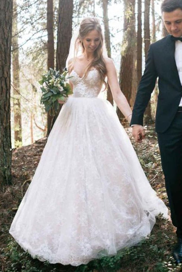 Sweetheart A Line Sleeveless Lace Appliques Tulle Country Bridal Gowns - KissProm