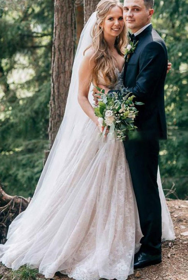 Sweetheart A Line Sleeveless Lace Appliques Tulle Country Bridal Gowns - KissProm