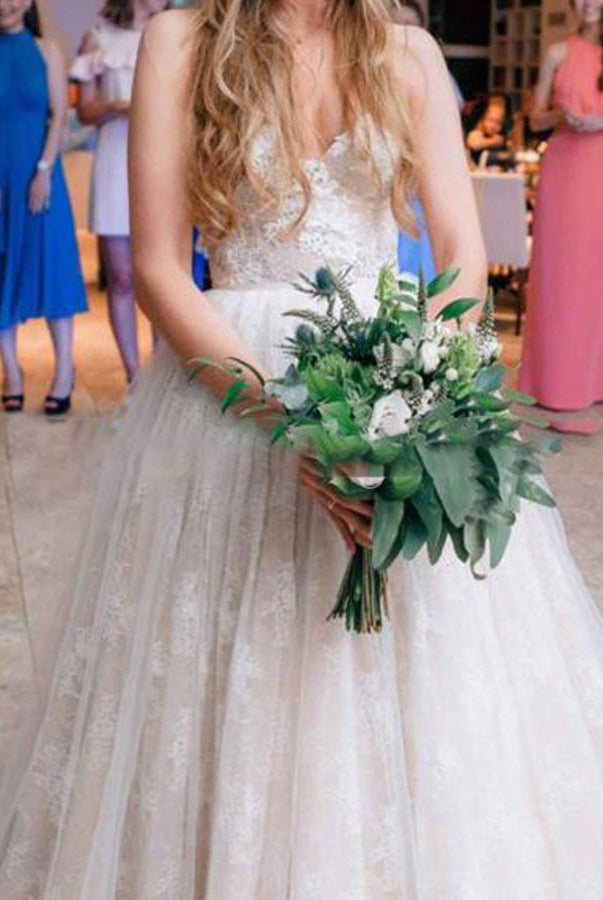 Sweetheart A Line Sleeveless Lace Appliques Tulle Country Bridal Gowns - KissProm