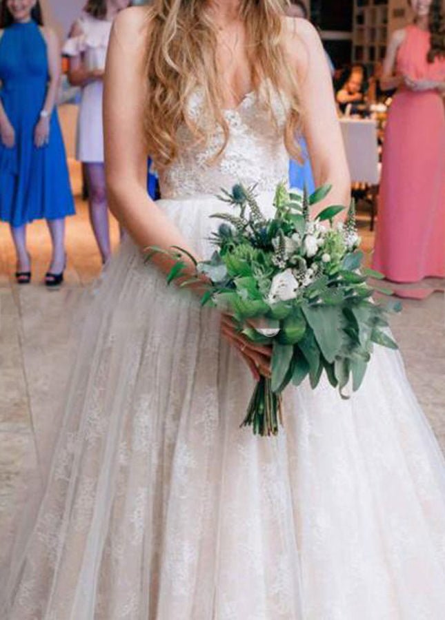 Sweetheart A Line Sleeveless Lace Appliques Tulle Country Bridal Gowns - KissProm