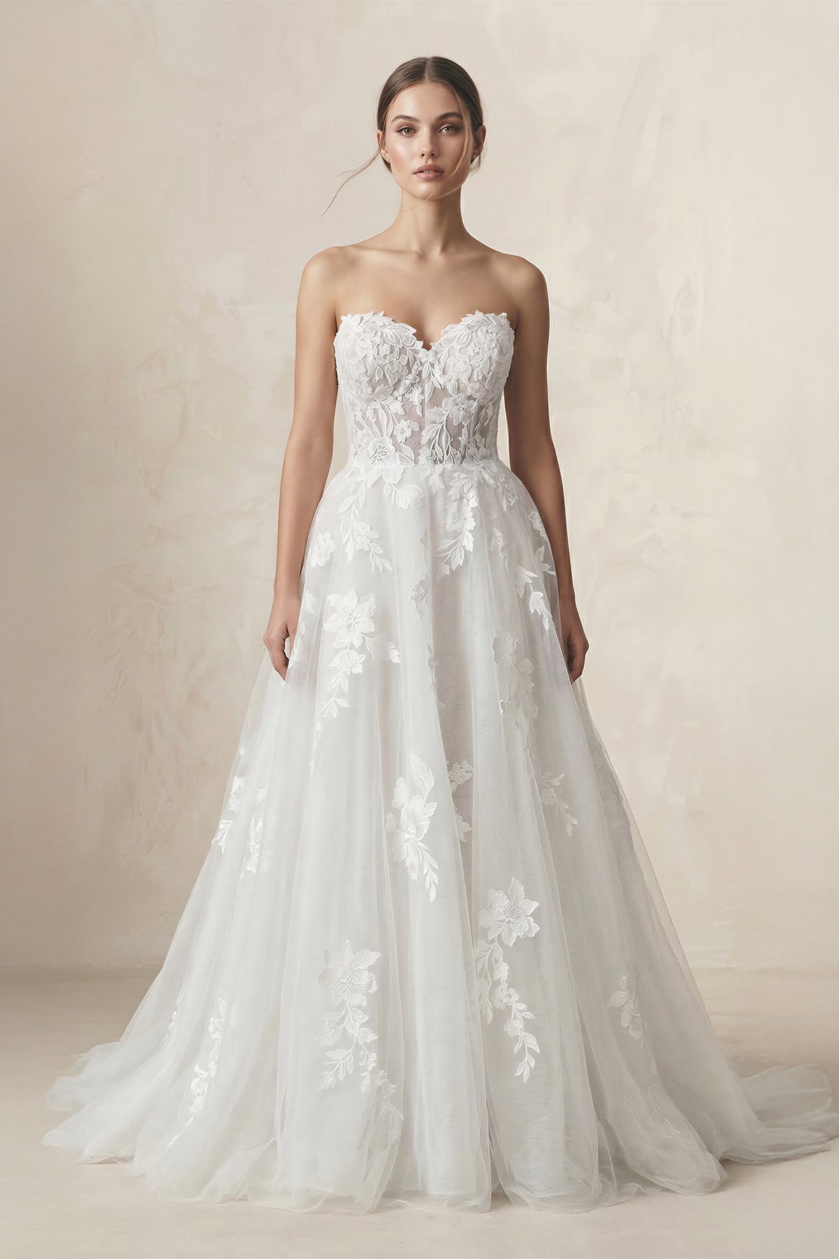 KissProm Sweetheart Appliqued A-Line Tulle Wedding Dress in Ivory, Ivory / 26