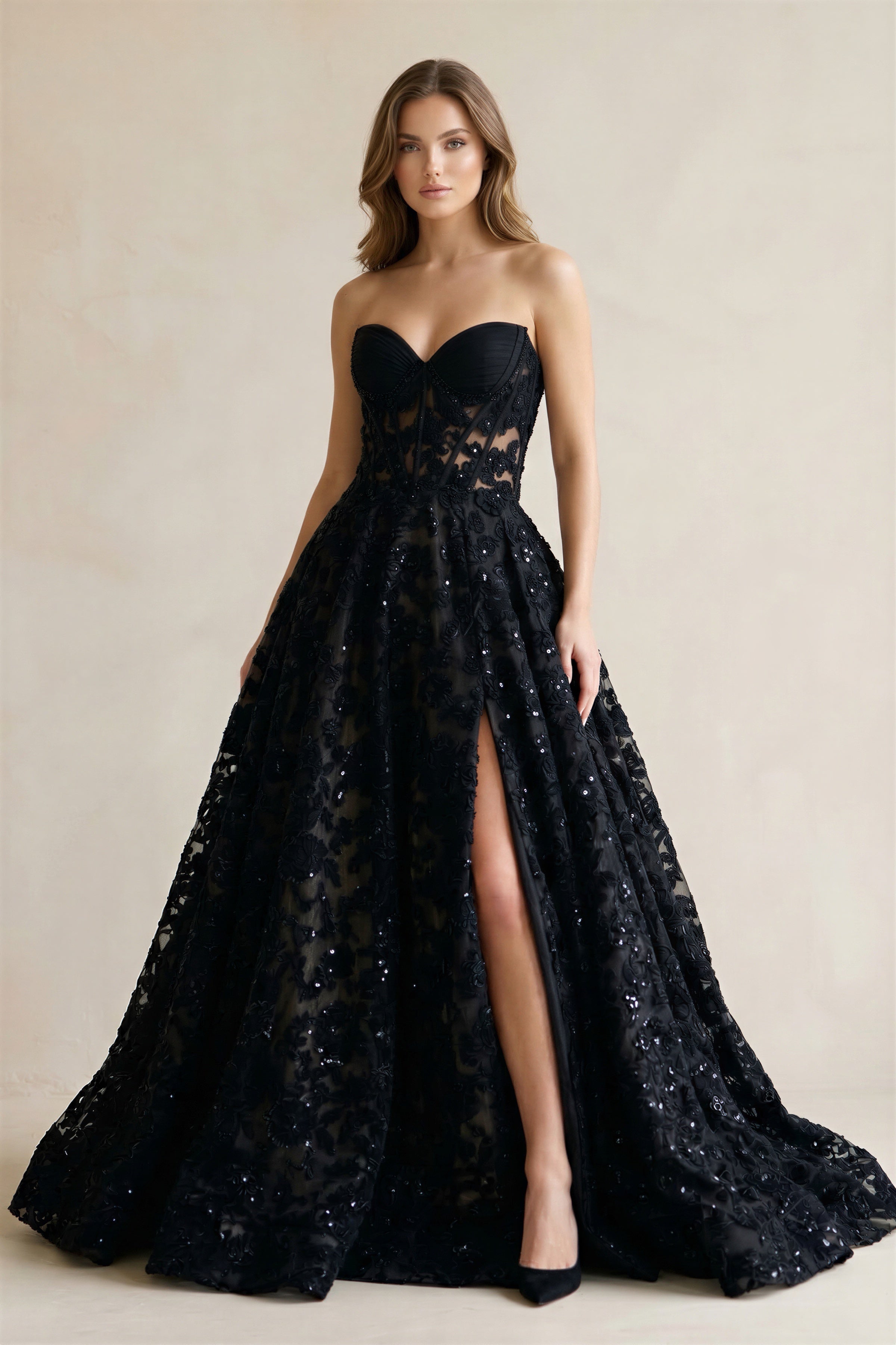 Sweetheart Appliqued Corset Lace Ball Gown Wedding Dress With Slit in Black, Black / 28 Sweetheart Appliqued Corset Lace Ball Gown Wedding Dress With Slit in Black, Black / 28