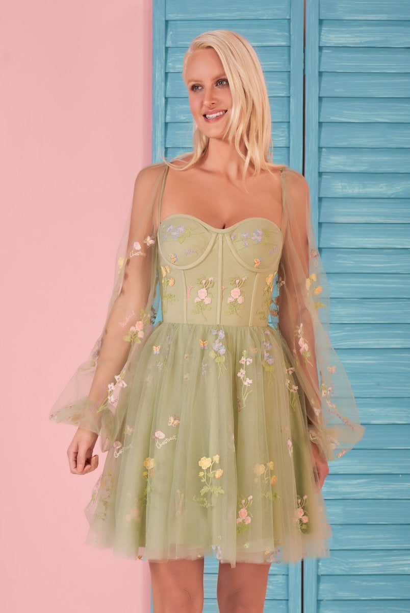 Sweetheart Embroidery Short-Length Tulle Puff Sleeves Cocktail Dress