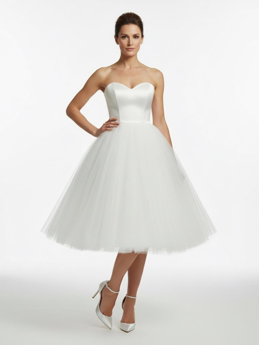 Sweetheart Empire Tea - Length Tulle Wedding Dress With Lace - Up Back - KissProm