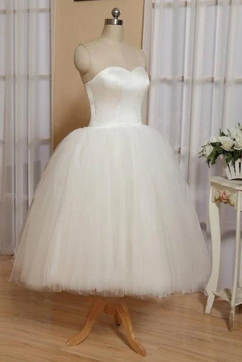 Sweetheart Empire Tea - Length Tulle Wedding Dress With Lace - Up Back - KissProm