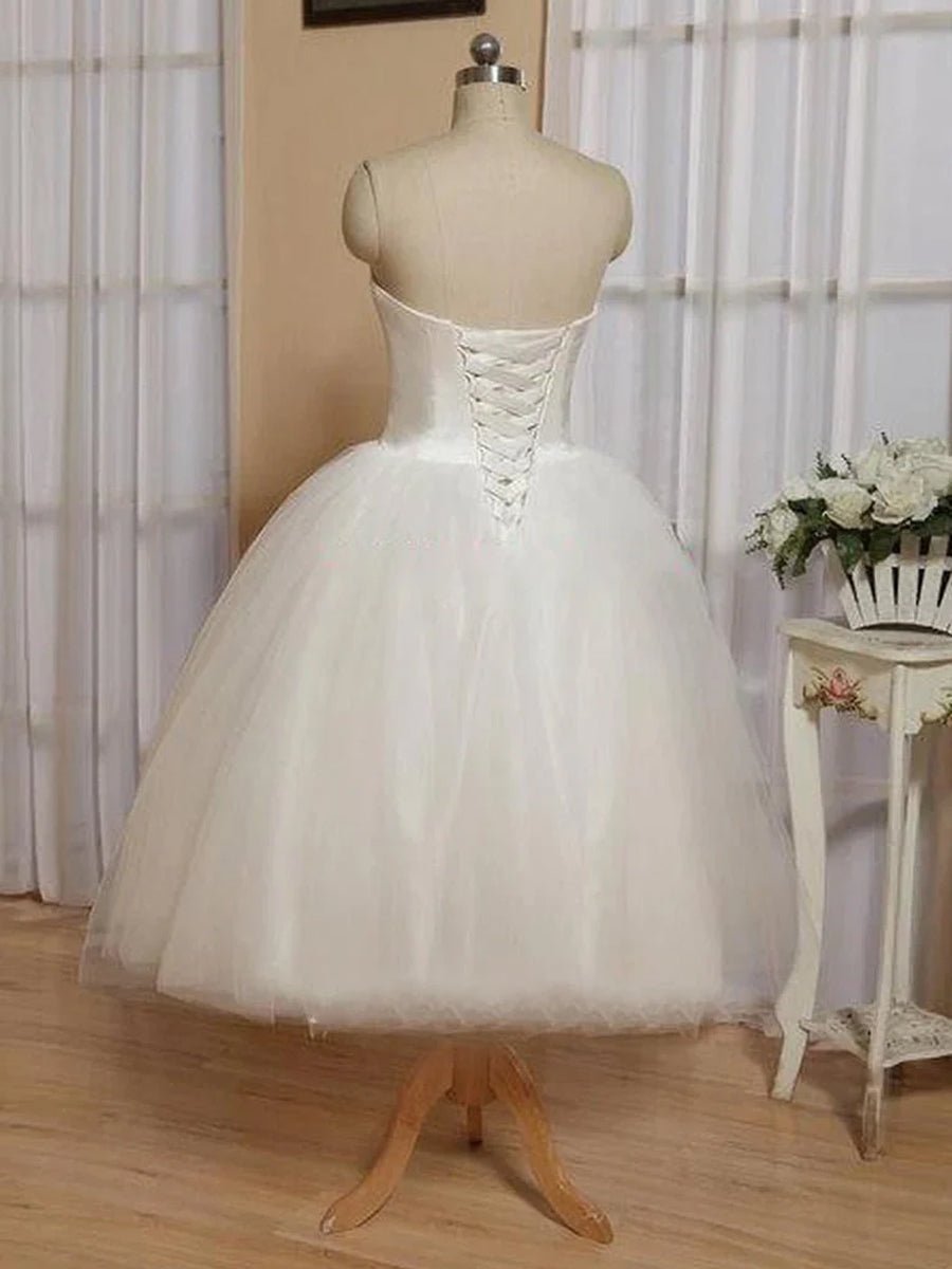 Sweetheart Empire Tea - Length Tulle Wedding Dress With Lace - Up Back - KissProm