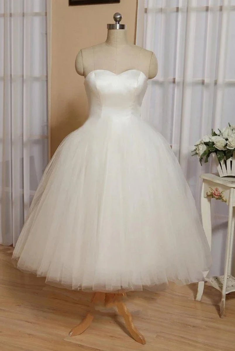 Sweetheart Empire Tea - Length Tulle Wedding Dress With Lace - Up Back - KissProm