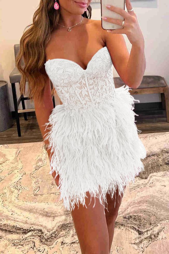 Amina |Sheath Sweetheart Lace Feather Skirt Homecoming Dress