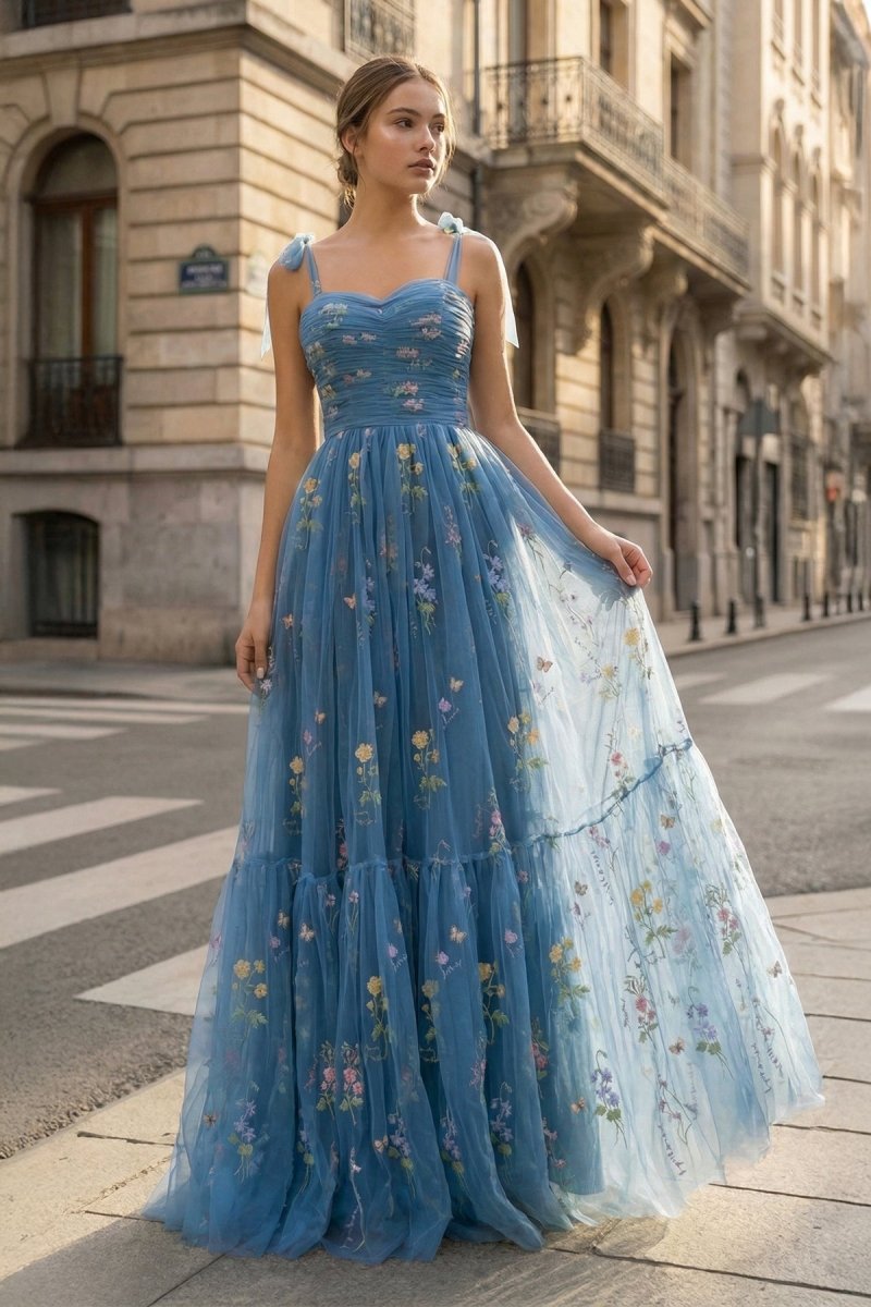 green emerald velvet dress Blue Tulle A-line V-neck Lace Flowers Prom Dresses MP720