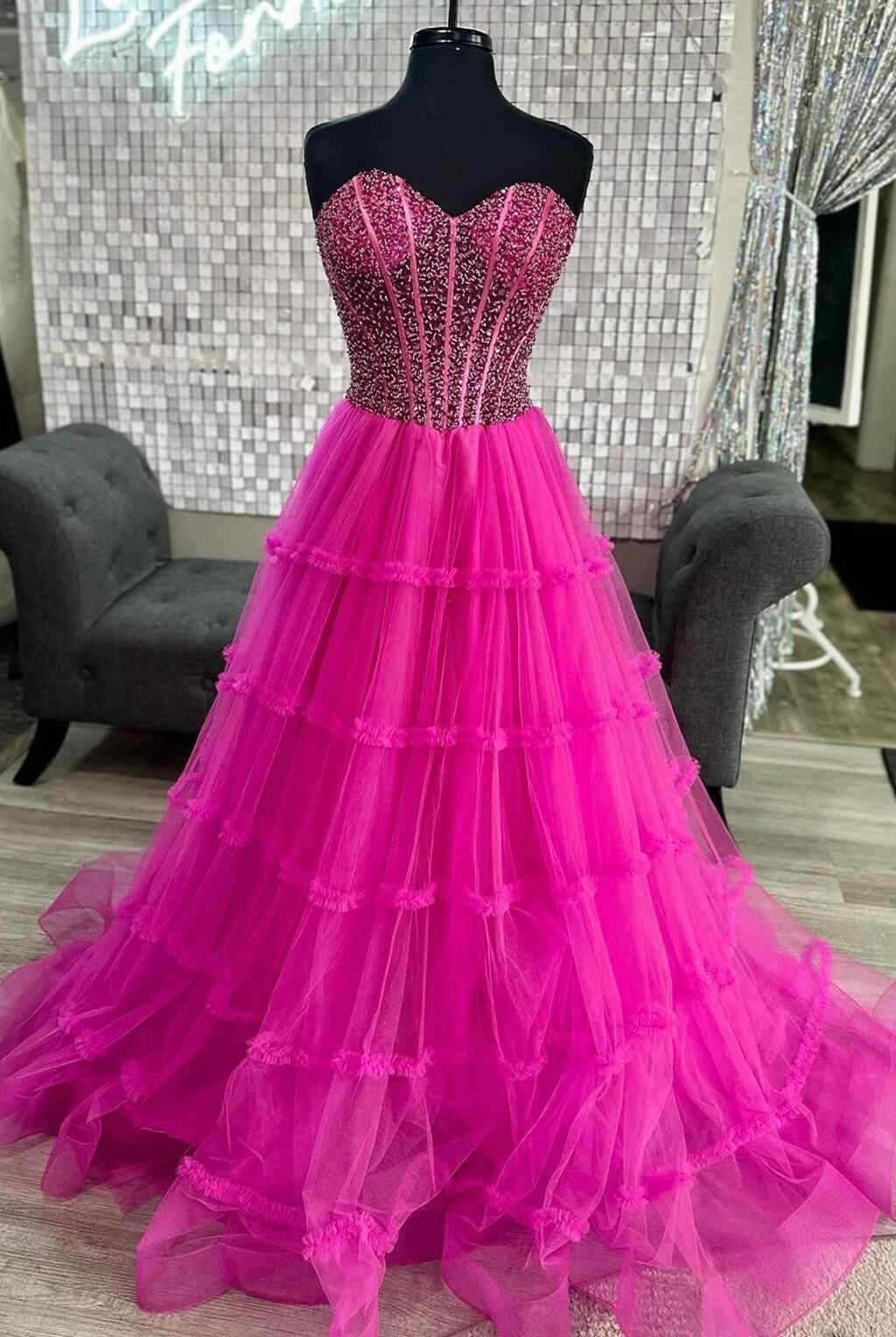 Eddye | Sweetheart Fuchsia Beaded Ruffles Tulle Prom Dress - KissProm