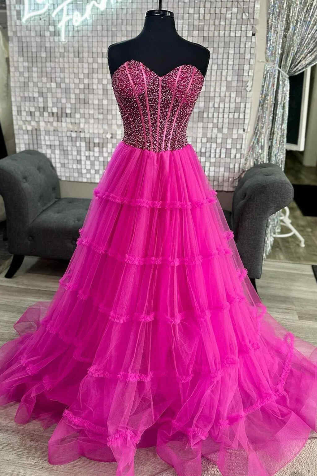 Eddye | Sweetheart Fuchsia Beaded Ruffles Tulle Prom Dress - KissProm