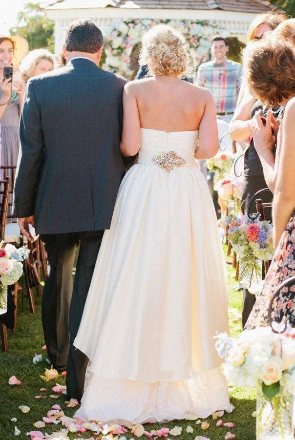 Sweetheart High-Low Chiffon Wedding Dress With Tiers And Crystal Detailing