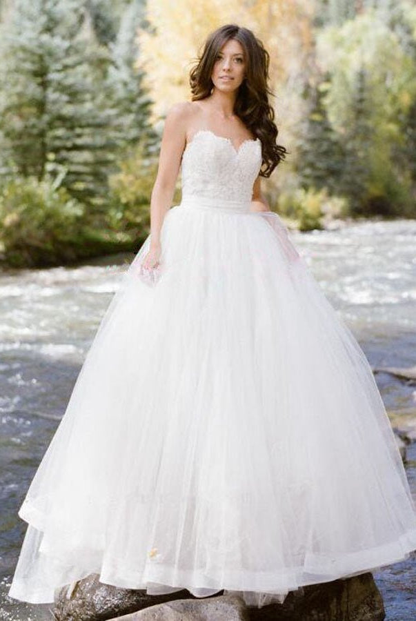 Simple Sleeveless Sweetheart Lace Backless Princess Wedding Dresses with Belt - KissProm