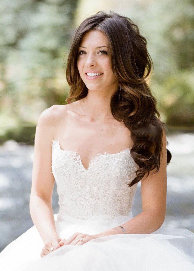 Simple Sleeveless Sweetheart Lace Backless Princess Wedding Dresses with Belt - KissProm