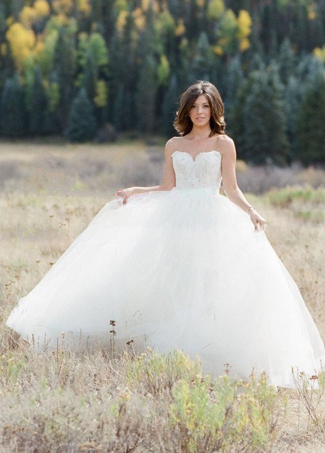 Simple Sleeveless Sweetheart Lace Backless Princess Wedding Dresses with Belt - KissProm