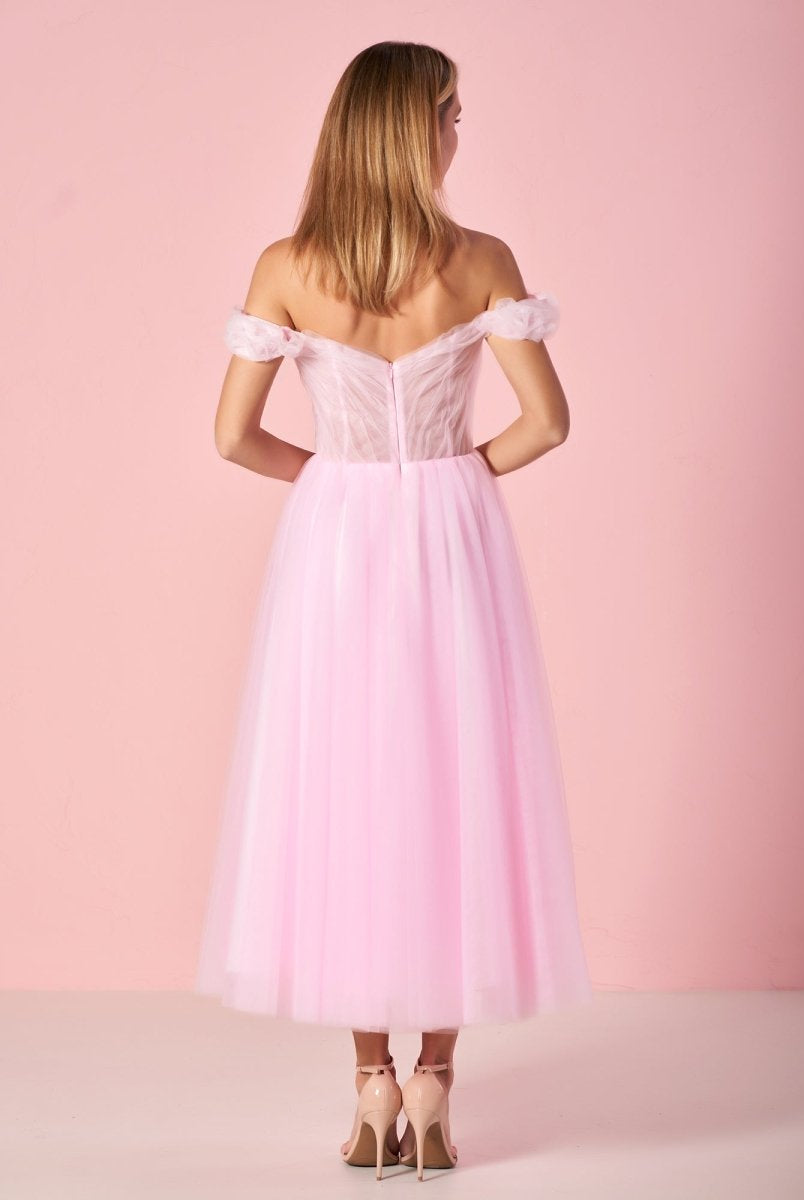 Sweetheart Neck Off the Shoulder Tea Length Tulle Prom Dress